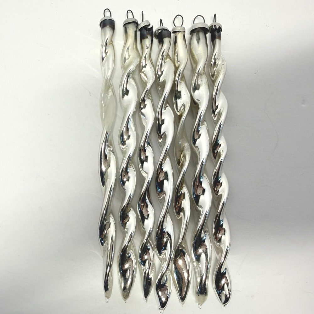 Vintage CALI COL Glass Icicle Ornaments Twisted Spiral Silver 5.5in 7pcs LOT 4